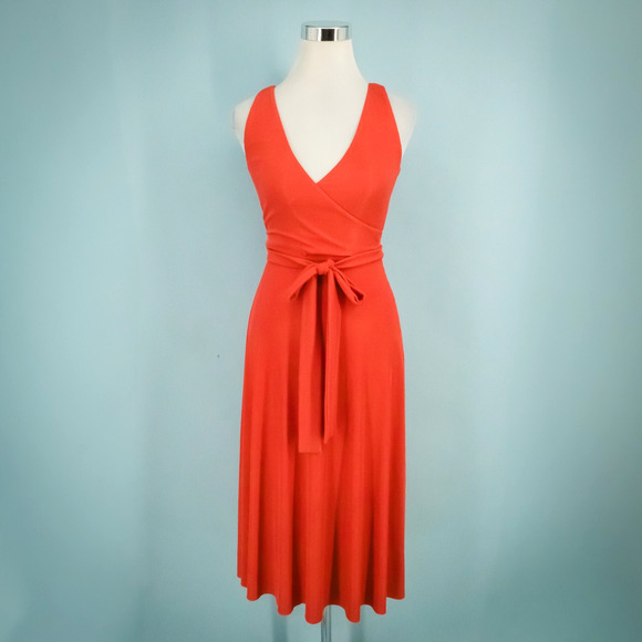 Club Monaco Size XS Red Orange Ribbed Knit V Neck Wrap Belted Sleeveless Dress - Picture 1 of 5
